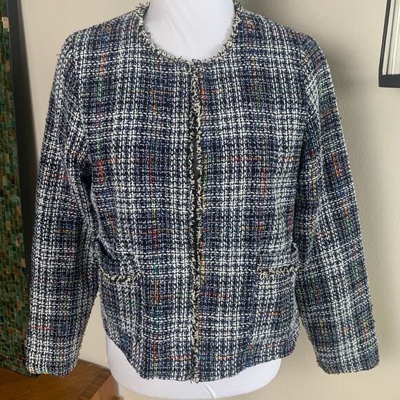 Hayden Size M Tweed Cropped Blazer Jacket Black White Fringe Trim Preppy Career - Picture 1 of 9